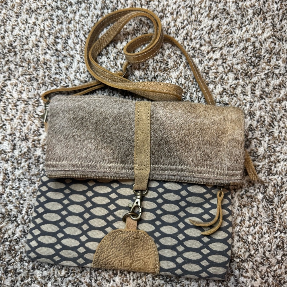 Myra Bag Cowhide Hair-On Hide Foldover Crossbody Clutch Western Canvas Leather